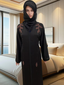 Black Abaya Both Shoulders Leaf Emb. Cutdana Handmade AB029
